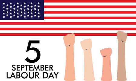 USA Labor Day Poster Showing Hands of People of Different Occupations with USA Flag, Happy Labour Day, 5 Septemberのイラスト素材