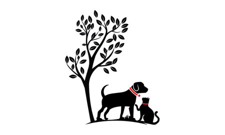 Dog With Cat And Tree logo design template. Vector Illustration.のイラスト素材