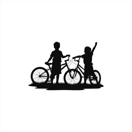 Silhouette of two children riding a bicycle. Vector illustration.のイラスト素材