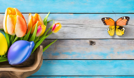 Easter background. Colorful spring tulips with butterflies and painted eggs on vintage wooden boardの素材