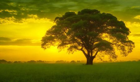 green tree Yellow on golden surise skyの素材