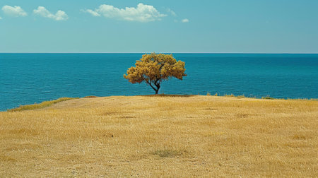 Lonely tree on a hill with the sea in the backgroundの素材