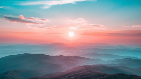 Beautiful sunset in the mountains. Panoramic view of the mountains.の素材