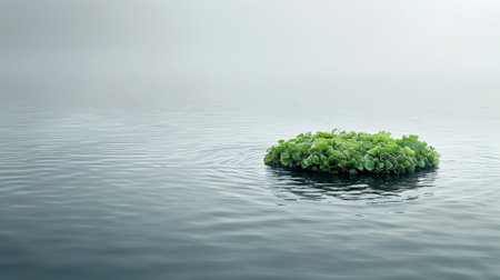 Green plant floating on the water in foggy day. 3d renderingの素材