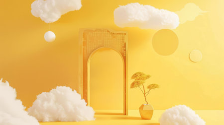 3d rendering of minimal scene with arch, clouds and plant.の素材