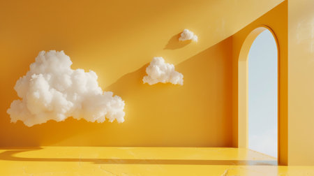 Clouds in the yellow room. 3D rendering. Mock upの素材
