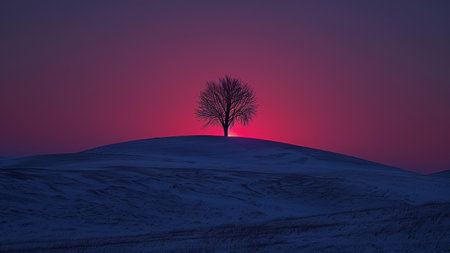 Silhouette of a lonely tree in the snow at sunset.の素材