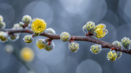 Blossoming willow branch with yellow flowers in early spring.の素材