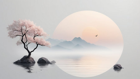 cherry blossom tree in japanese style with sun and mountainsの素材