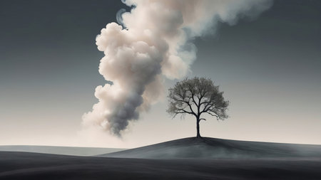 Lonely tree in a field with smoke coming out of the chimneyの素材