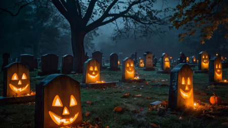 Halloween pumpkins in a cemetery at night with fog in the backgroundの素材