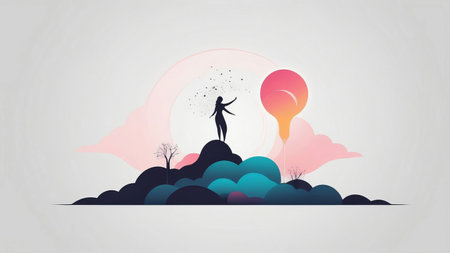 Silhouette of a woman standing on the top of a mountain. Vector illustration.の素材