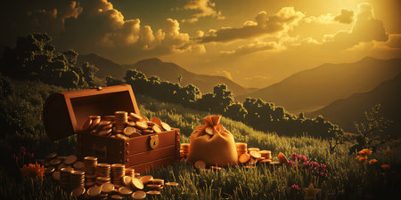A treasure chest and a bag of gold coins sitting on a grassy field with mountains behind itの素材