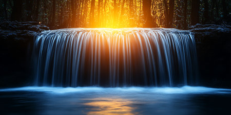 Serene Waterfall Cascading Through Lush Forest at Sunset Peaceful Nature Sceneの素材