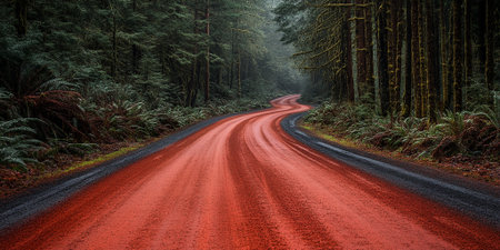 Red Dirt Road Winding Through Lush Evergreen Forest A Scenic Drive Through Natureの素材
