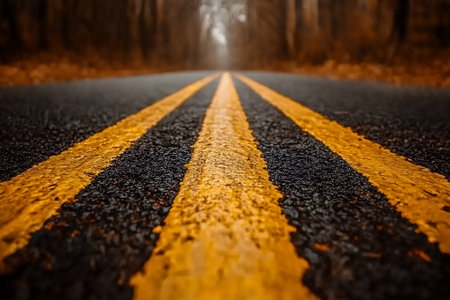 Asphalt Road with Double Yellow Lines Winding Through Autumn Woodsの素材