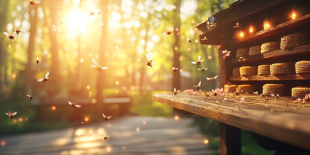 Honeybees Flying Around a Wooden Beehive at Sunset in a Parkの素材