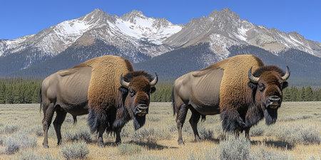 Two American Bison Standing in a Field with Majestic Mountainsの素材