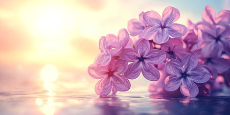 Beautiful Lilac Flowers at Sunset Reflecting on Water Peaceful Nature Sceneの素材