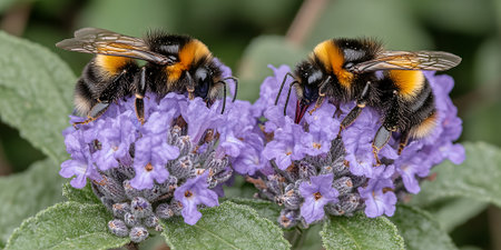 Two bumblebees collecting pollen from vibrant purple flowers in a gardenの素材