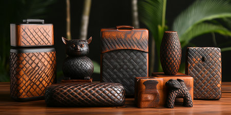 Handcrafted Wooden Boxes Collection Intricate Carved Designs and Unique Shapesの素材