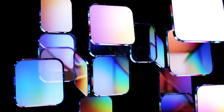 Floating iridescent square panels with chrome edges against a dark black background designの素材
