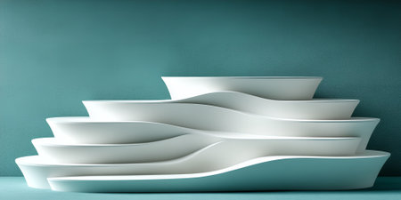 Abstract White Wave Shaped Shelves on Teal Background Modern Minimalist Design Product Displayの素材