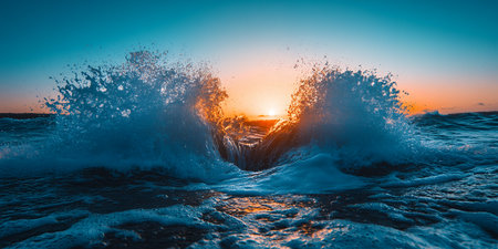 Dramatic Ocean Waves Crashing at Sunset Vibrant Colors Seascapeの素材