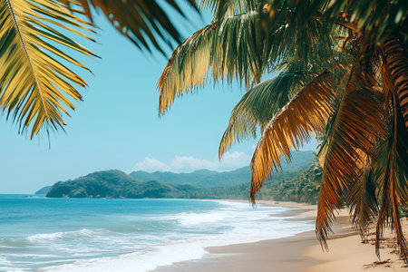 Tropical Beach Paradise Palm Trees Ocean View Summer sea sky sun sand blue calm waterの素材