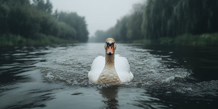 Majestic Swan Gracefully Swimming Serene River Water Fog Bird Calm Lake Pond View Mistの素材