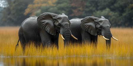 African Elephants in Golden Grassland Wildlife Scene Big Dark Gray Calm View Tusks Waterの素材