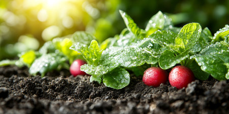Fresh Red Radishes Growing in Garden Soil Dewy Leaves Food Diet Crop Farm Plant Greenの素材