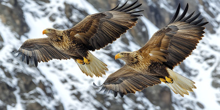 Majestic White Tailed Eagles in Flight Soaring Winter Mountains Sky Bird Snow Wild Apexの素材