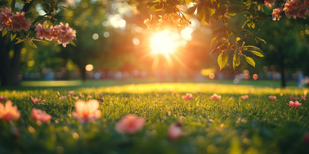 Beautiful Sunset Golden Hour Park Spring Flowers Nature day pink tree warm soft greenの素材