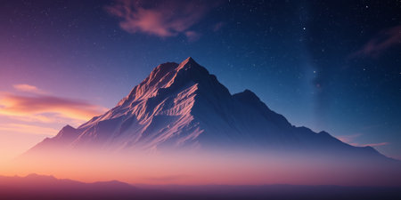 A majestic mountain peak under a starry sky.の素材