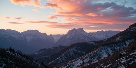 Pink clouds paint the sky over snow-capped mountains.の素材