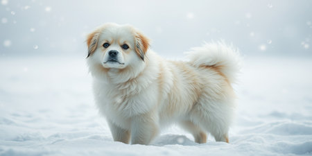 A fluffy white dog stands in a snowy field, looking directly at the camera.の素材