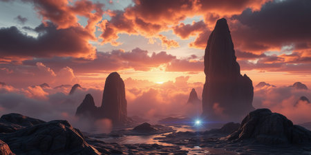 A dramatic sunset casts a warm glow over a landscape of towering rock formations, creating a sense of otherworldly beauty.の素材