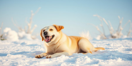 A happy golden retriever dog lays in the snow with a bright blue sky in the background.の素材