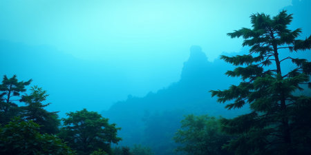 Silhouetted trees against a hazy blue skyの素材
