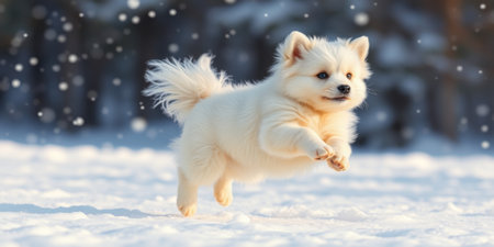A fluffy white puppy leaps through the snow.の素材