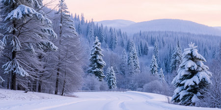 A snowy forest scene with a path leading into the woods.の素材