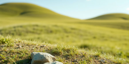 Close-up of a grassy hill with a rock in the foreground.の素材