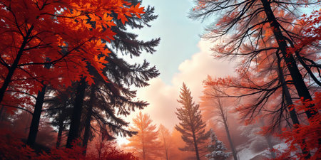 Sunlight filters through a misty forest, illuminating the vibrant fall foliage.の素材