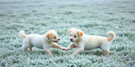 Two white puppies playing in the grassの素材