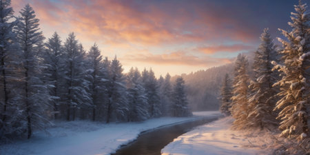 Snowy forest at sunrise with a riverの素材