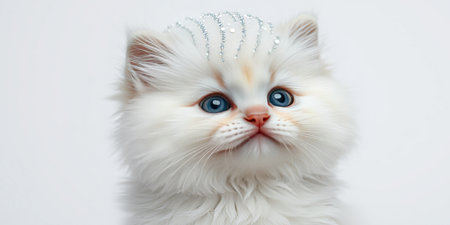 A white kitten with blue eyes wears a tiara.の素材