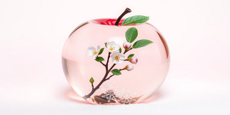 A glass apple with a flower sprig inside.の素材