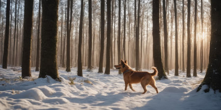 Dog in snowy forest with sun shiningの素材