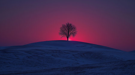 Silhouette of a lonely tree in the snow at sunset.の素材